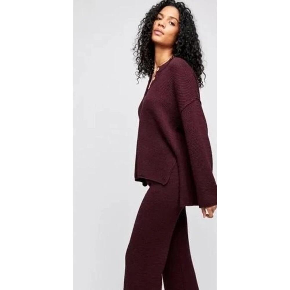 Free People Sweater Hailee Waffle Knit Mulberry Henley Purple Size Medium - Picture 2 of 9